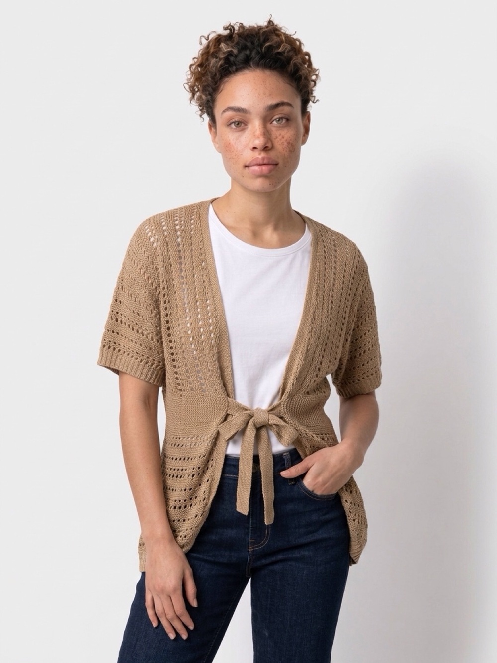 Cato Tan Crochet Knit Cardigan Size XL | Boho Coastal Tie Front